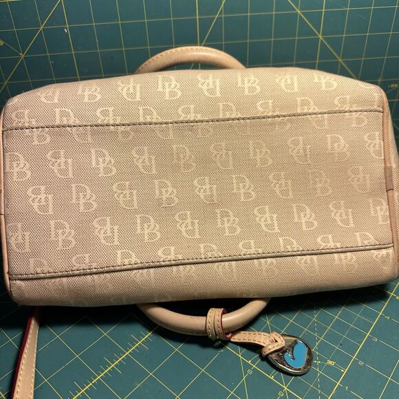 Dooney & Bourke  Medium Domed Tassel Fabric Satchel Handbag Tan Red Logo Print - Picture 11 of 14